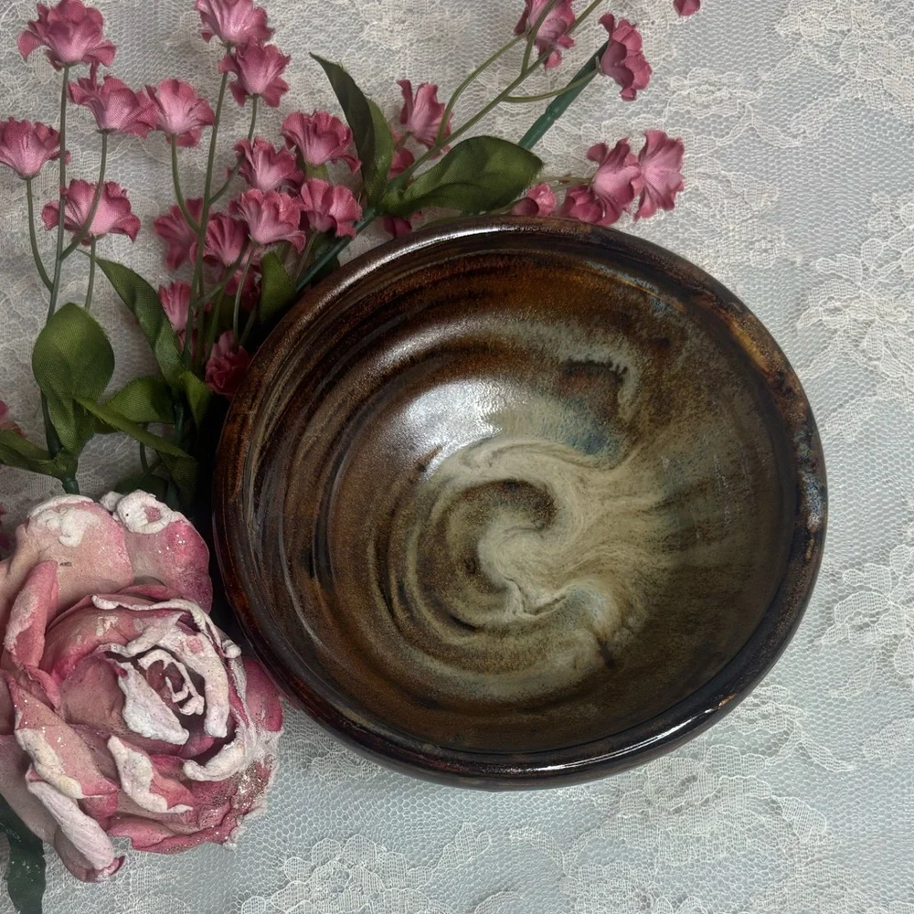 Handmade Pottery Bowl Vintage Artisan Handcrafted Signed Art Glazed Brown Tan